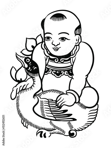 Hand-drawn illustrated coloring Dong Ho folk painting of a boy holding a goose. Printed on demand.