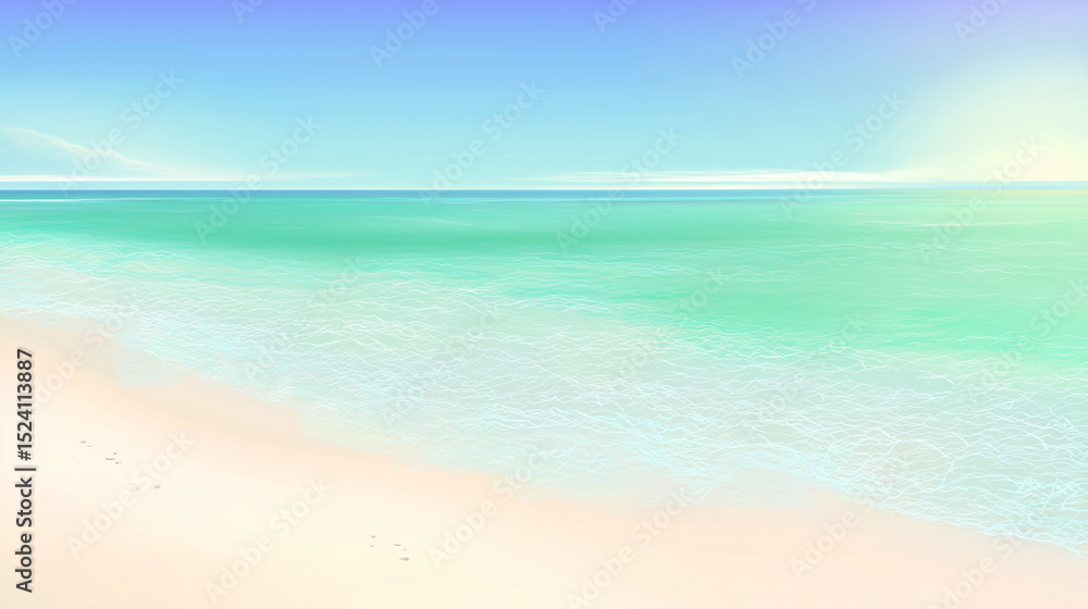 Obraz premium 広く静かなビーチの風景。透き通った浅瀬の海から、その下にある柔らかく白い砂浜が覗いている。海はライトブルーからエメラルドグリーンへと完璧なグラデーションを描き、穏やかな水平線が遠くまで続いている。そよ風が水面を揺らし、小さな波紋を作り出している。太陽は低い位置にあり、温かみのある黄金色の輝きをこの風景に投げかけている。