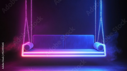 A neon-lit swing couch hanging with blue and pink glow against dark, smoky background