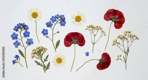 Wallpaper Mural 白背景に美しく並ぶ押し花 繊細な色彩と質感. AI Generated Torontodigital.ca