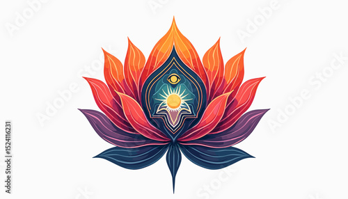 Vibrant lotus flower with multi-layered petals, central sun, and eye, symbolizing spirituality and enlightenment