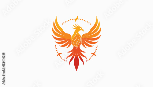 Stylized phoenix in vibrant colors symbolizing rebirth and immortality, surrounded by circular designs
