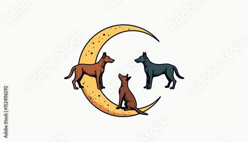 Crescent moon with three dogs circling around Hecate's symbol, representing the triple aspect
