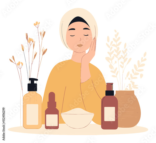 Stylish Cosmetic Illustration Featuring a Serene Woman with Beauty Products