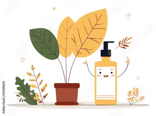 Cute Illustration of Cosmetic Bottle with Plant and Leaves for Wellness