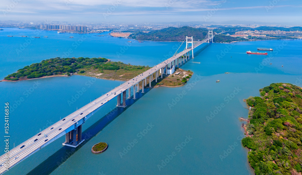 Naklejka premium Aerial view of Humen Bridge in Dongguan City, Guangdong Province, China