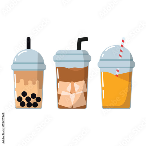 A vector illustration of three popular cold drinks: bubble tea with pearls, iced coffee with ice cubes, and fresh orange juice with a straw. Designed in clean flat style, ideal for food and drink conc