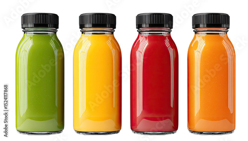 Four glass bottles of colorful fruit juices