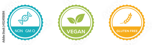 Vegan Gluten Free Non-GMO Badge Icons for Natural Organic Food Packaging Labels