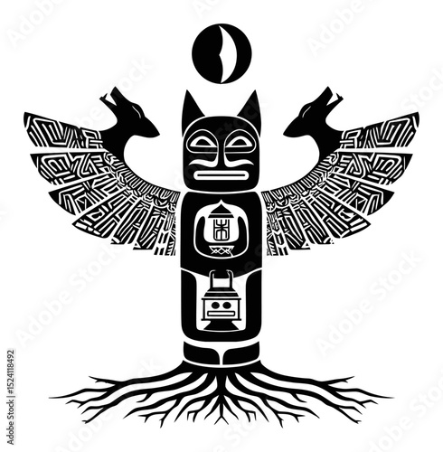 Intricate Black and White Engraving of a Native American Totem with Symbolism