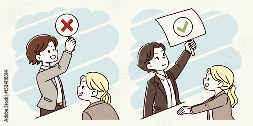 Business People Holding Signs Showing Approval and Disapproval in a Meeting Cartoon Illustration for Presentations and Decision Making Processes