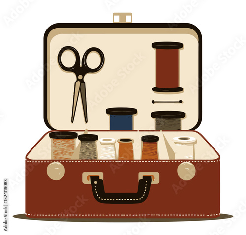 Vintage Sewing Kit with Thread Spools and Scissors in a Classic Case