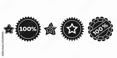 Vector Black and White Star Icons and Badges for Quality Success and Achievement Including 100 Percent Guarantee and Three Dimensional Star