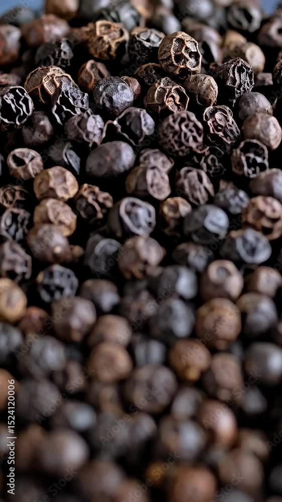 Close-up pile of dried whole black peppercorns with visible textured skin and cracked shells, creating a textured pattern effect. Close-up pile of dried whole black peppercorns with visible textured skin and cracked shells, creating a textured pattern effect.