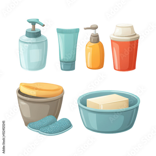 Various Personal Care Products and Containers for Home Use, Including Creams, Lotions, Shampoos, and Spa Items for Relaxation and Self-Care