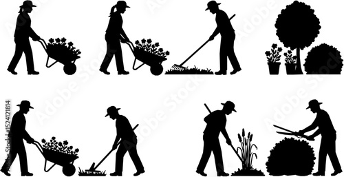 Set of black silhouettes of gardeners working in garden.
