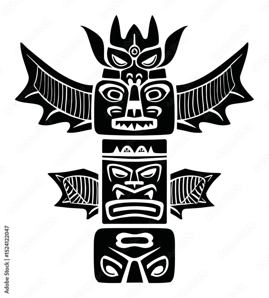 Obraz premium Detailed Black and White Engraving Illustration of Totem Pole Design