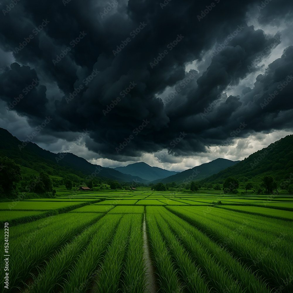 Fototapeta premium Monsoon Clouds Over Rice Fields