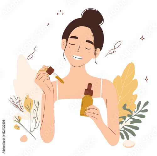 Woman Holding Cosmetic Serum Bottle in Vector Illustration Design