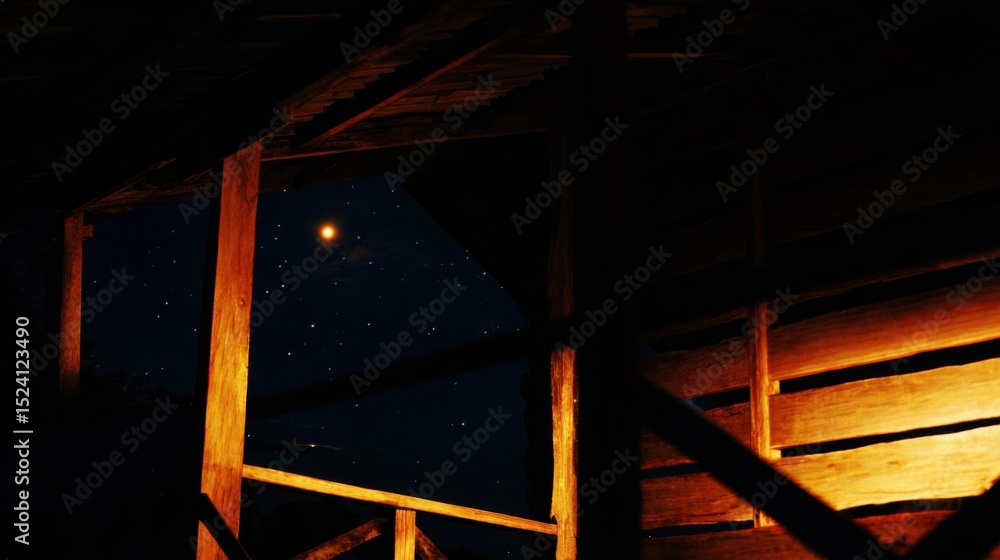 Obraz premium Serene nighttime scene featuring a warm golden-brown wooden cabin with illuminated planks and beams, casting long shadows, set against a deep blue starry sky with a bright full moon, creating a peacef