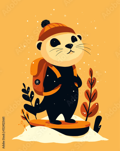 Cute Cartoon Otter in Winter Outfit Ready for Adventure in Nature Scene