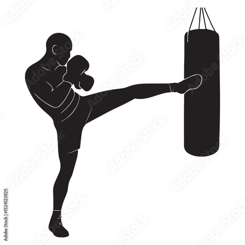 Silhouette of a man kicking a punching bag, body turned sideways in motion