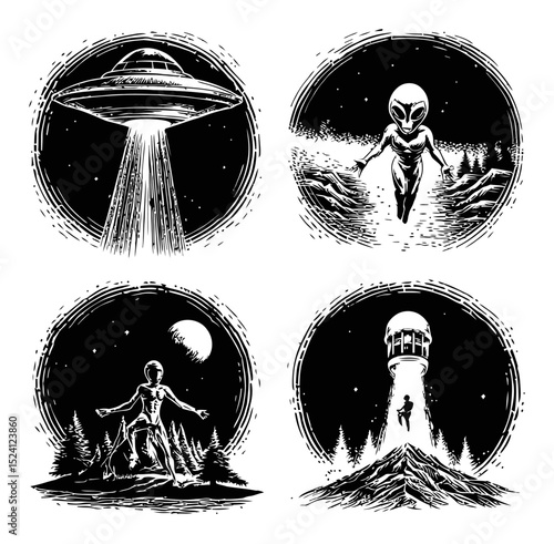 Alien Encounters Collection: Engravings of UFOs and Extraterrestrial Beings