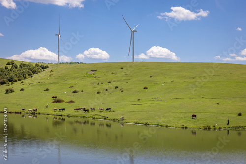 Wind renewable energy. Windmills in the highlands. Production of electric energy