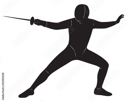 Silhouette of a man in a fencing pose with one arm forward and one leg bent