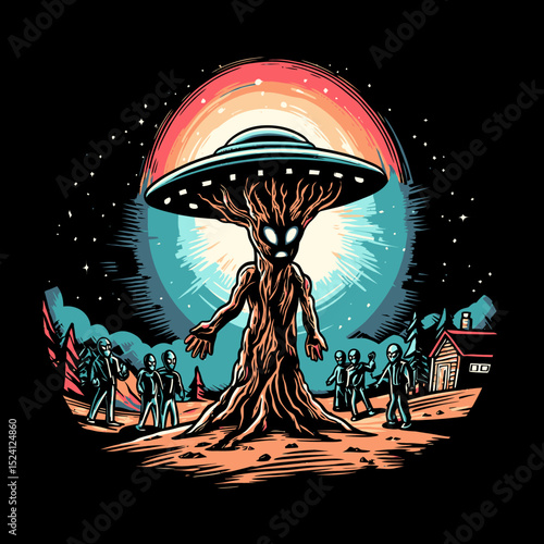 Alien Encounter with Tree and UFO in Colorful Retro Vector Art Design