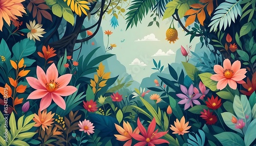 Colorful seamless floral pattern with tropical flowers and leaves, ideal for textile, wallpaper, packaging, and surface design.