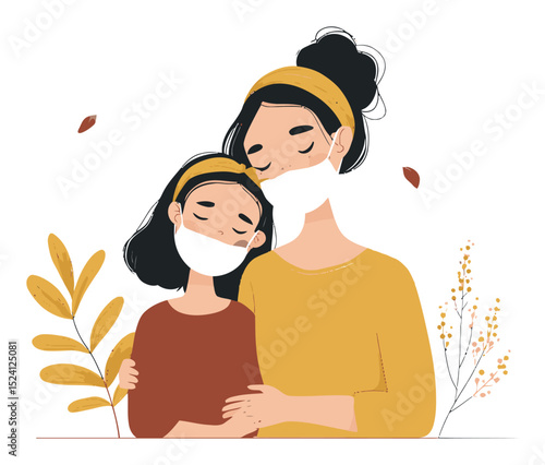 Mother and Daughter Embracing with Masks in a Cozy Autumn Illustration