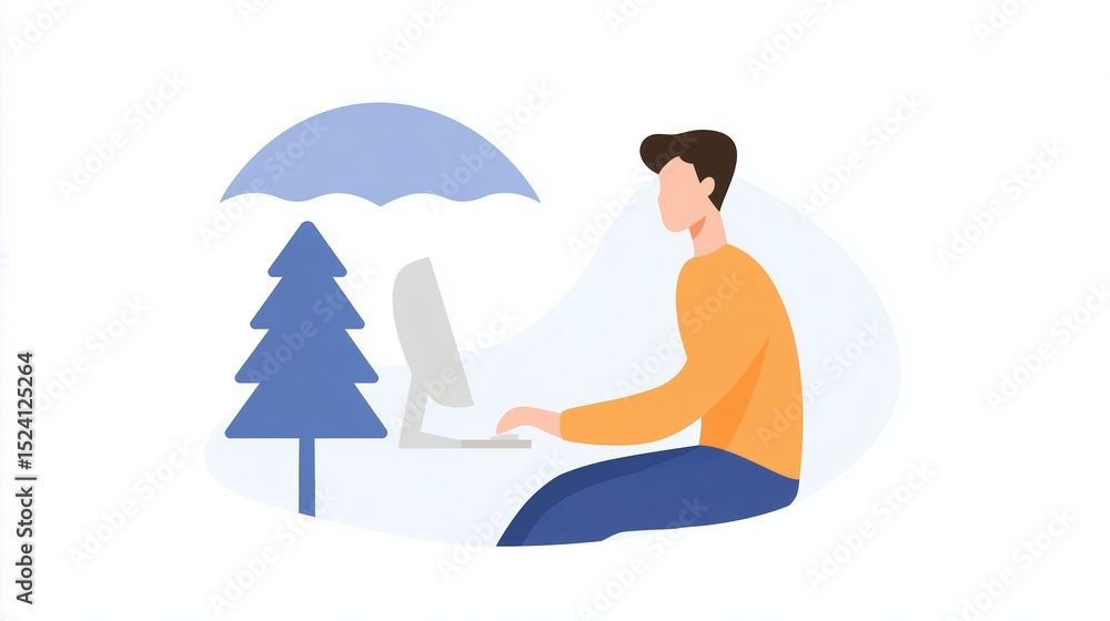 Obraz premium Illustration of a person working on a computer under an umbrella beside a tree, representing remote work and outdoor productivity in a serene environment