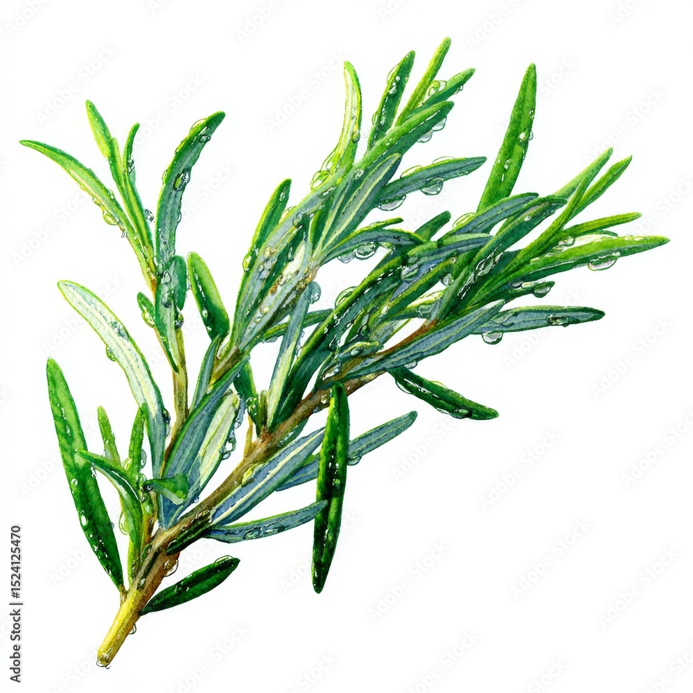 Fototapeta premium Fresh Green Herb Branch with Water Droplets Showcasing Natural Beauty and Vibrant Colorful Leaves in Isolated Background