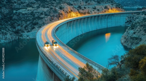 Nighttime aerial view of a curved highway atop a massive dam, with light trails from vehicles and a tranquil reservoir reflecting the twilight sky