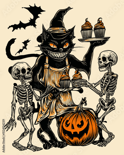 Spooky Black Cat with Cupcakes and Skeletons for Halloween Celebration