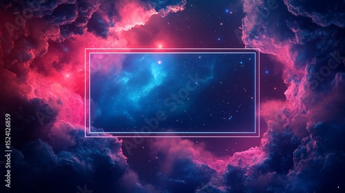 a rectangle filled with blue color in center of an empty galaxy, with a nebulae background, a blue and red color scheme, a minimalistic design, and high resolution, in the style of an illustration, Zi