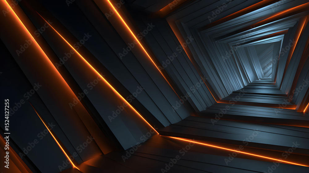 Obraz premium Abstract Futuristic Neon Corridor Glowing Orange Lines in Dark Tunnel