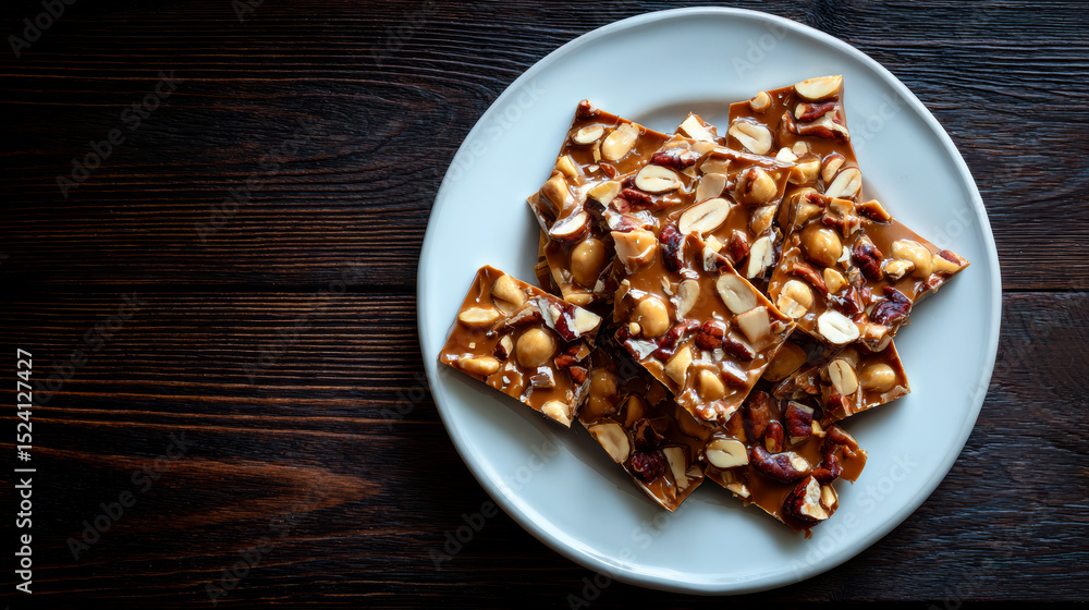 Peanut brittle candy pieces arranged on a white plate atop a dark wooden table Peanut brittle candy pieces arranged on a white plate atop a dark wooden table