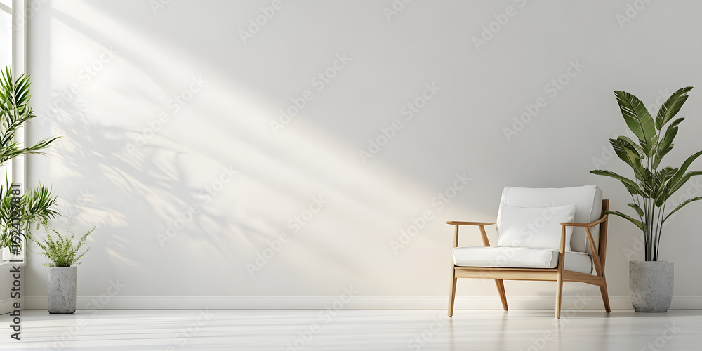 Fototapeta premium Interior of a bright living room with armchair on empty white wall background.