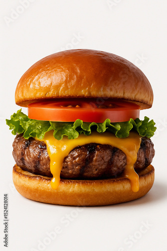 Classic cheeseburger with beef, cheddar cheese, and tomato isolated on a white background