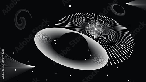 Black hole with disc of plasma eating dying star in space. Supermassive singularity in core off a galaxy, with lines . Event horizon .Vector illustration