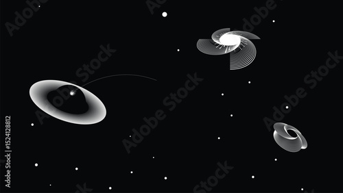 Black hole with disc of plasma eating dying star in space. Supermassive singularity in core off a galaxy, with lines . Event horizon .Vector illustration