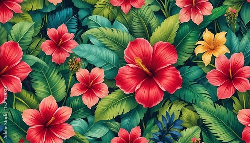 Wallpaper Mural Colorful seamless floral pattern with tropical flowers and leaves, ideal for textile, wallpaper, packaging, and surface design. Torontodigital.ca