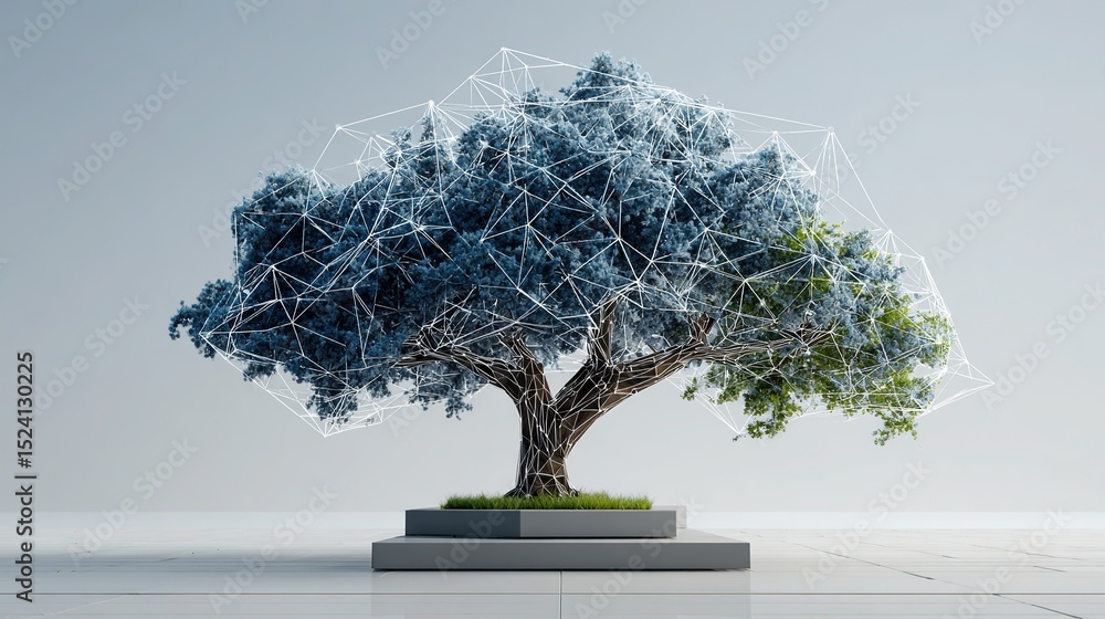 Fototapeta premium Minimalist 3D wireframe tree with plastic pollution data nodes, futuristic UI style, pure white background, tech environmentalism, digital illustration for designers, eco-awareness technology concept,