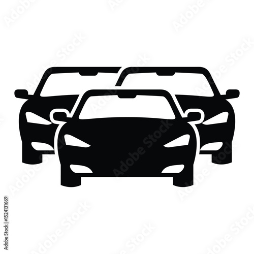 Three Car Front Silhouette Vector, Black Traffic or Convoy Icon.