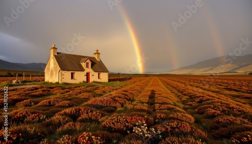 a traditional scottish croft on a heather moor, with a rainbow and a soft morning light.