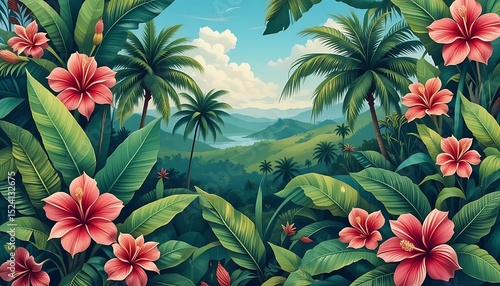 Colorful seamless floral pattern with tropical flowers and leaves, ideal for textile, wallpaper, packaging, and surface design.