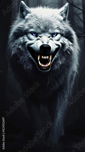 Menacing close-up: giant wolf bares fangs, showcasing primal fury and predatory power.