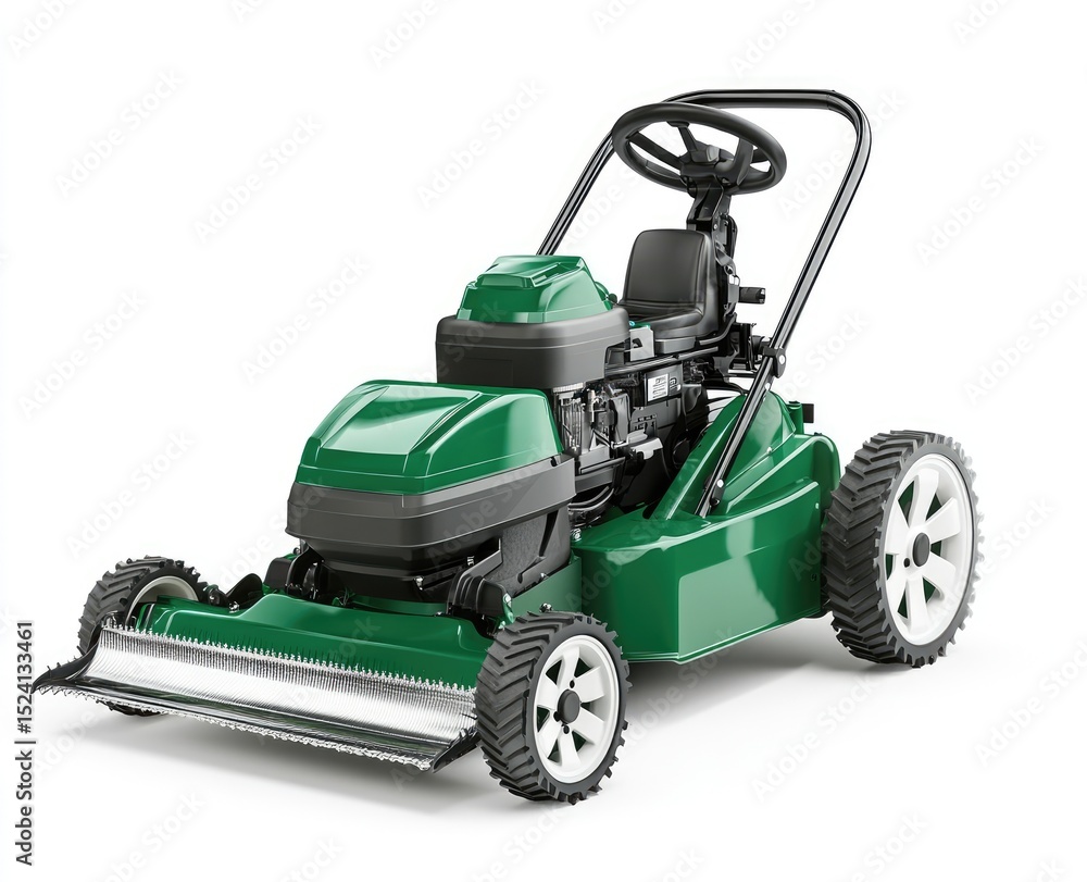 Fototapeta premium A green riding lawn mower isolated on a white background.